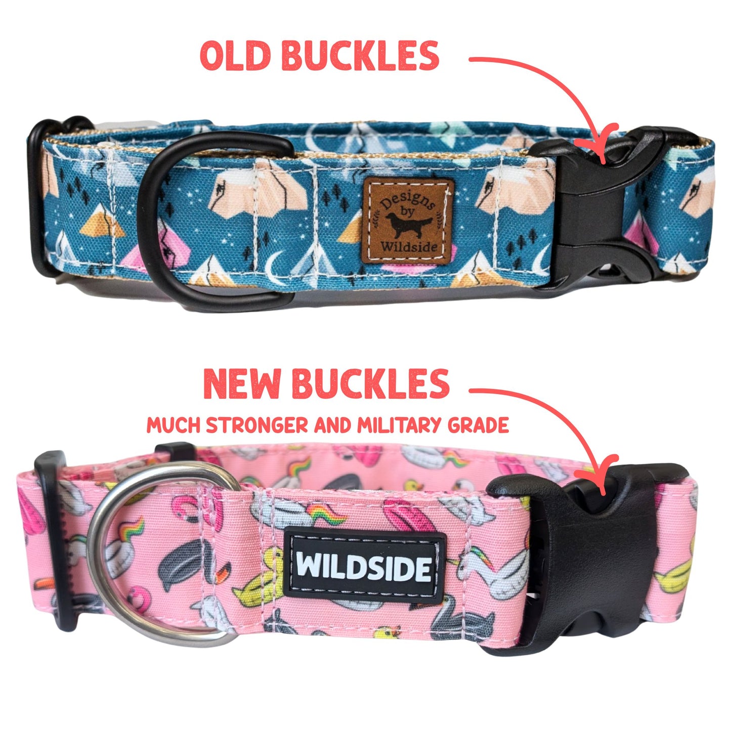 Two dog collars with old and new buckles labeled, featuring Wildside branding.