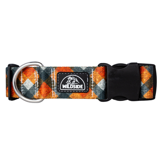 A plaid patterned dog collar with a black buckle and a label that reads 'WILDSIDE'.