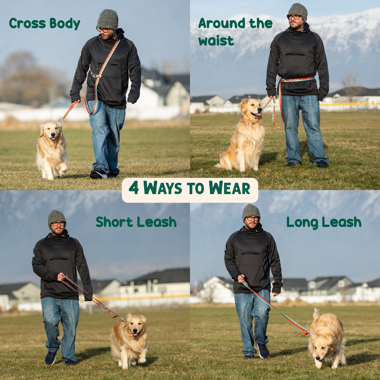 7' Green Aztec Handsfree Leash | 4-Way Adjustable