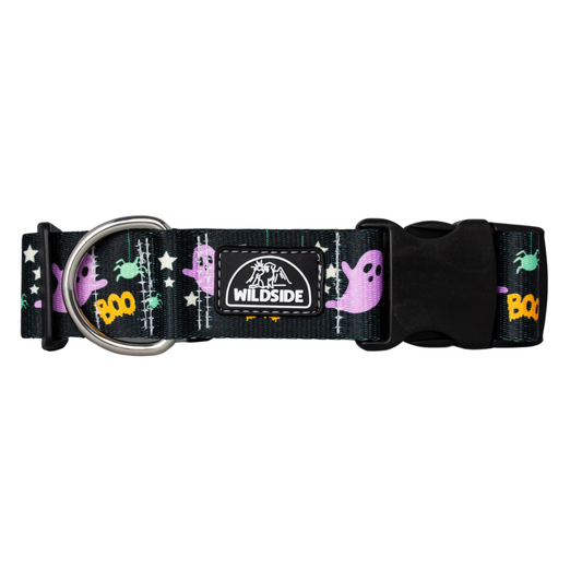 Black Halloween dog collar with purple ghost and “Boo” print