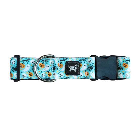 Dog collar with Halloween-themed design on a white background