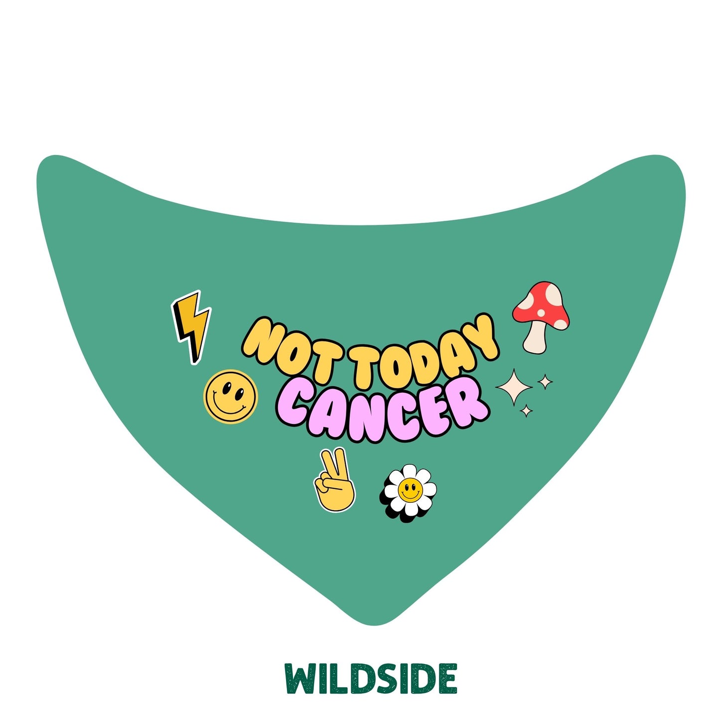 Green bandana with colorful text and symbols on a white background, featuring the brand 'Wildside'.
