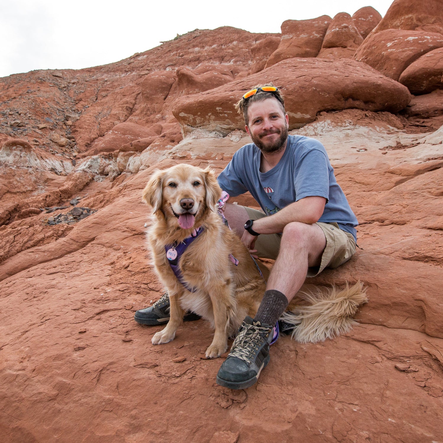 Man and dog sitting on a rocky outcrop with red rock formations in the background