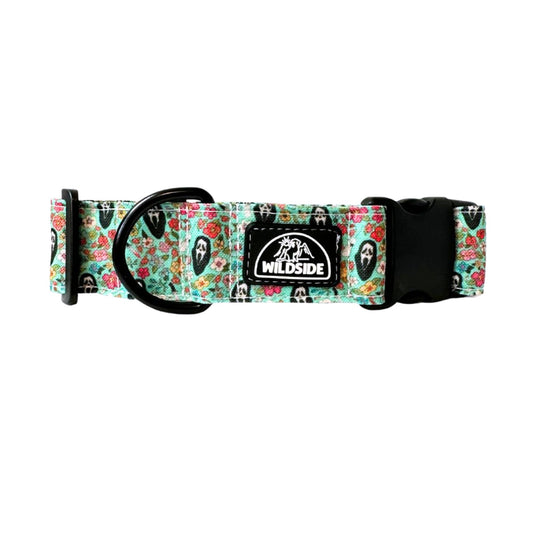 Floral-patterned dog collar with a visible brand logo on a white background