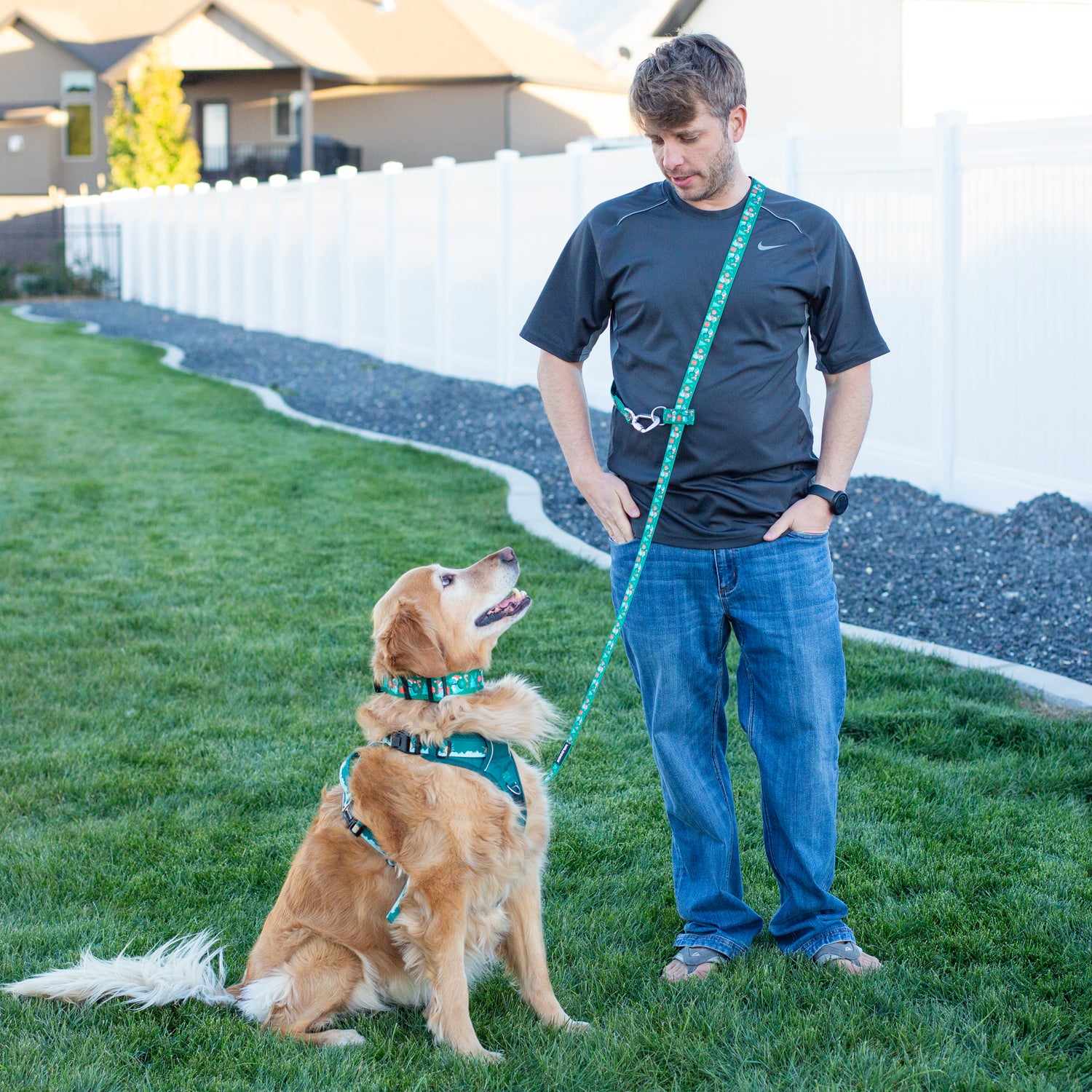 Man standing with a dog on a leash in a grassy area