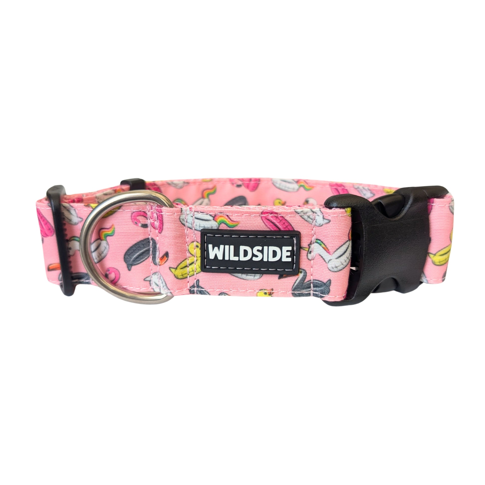 Pink dog collar with black buckle and 'Wildside' label on a white background
