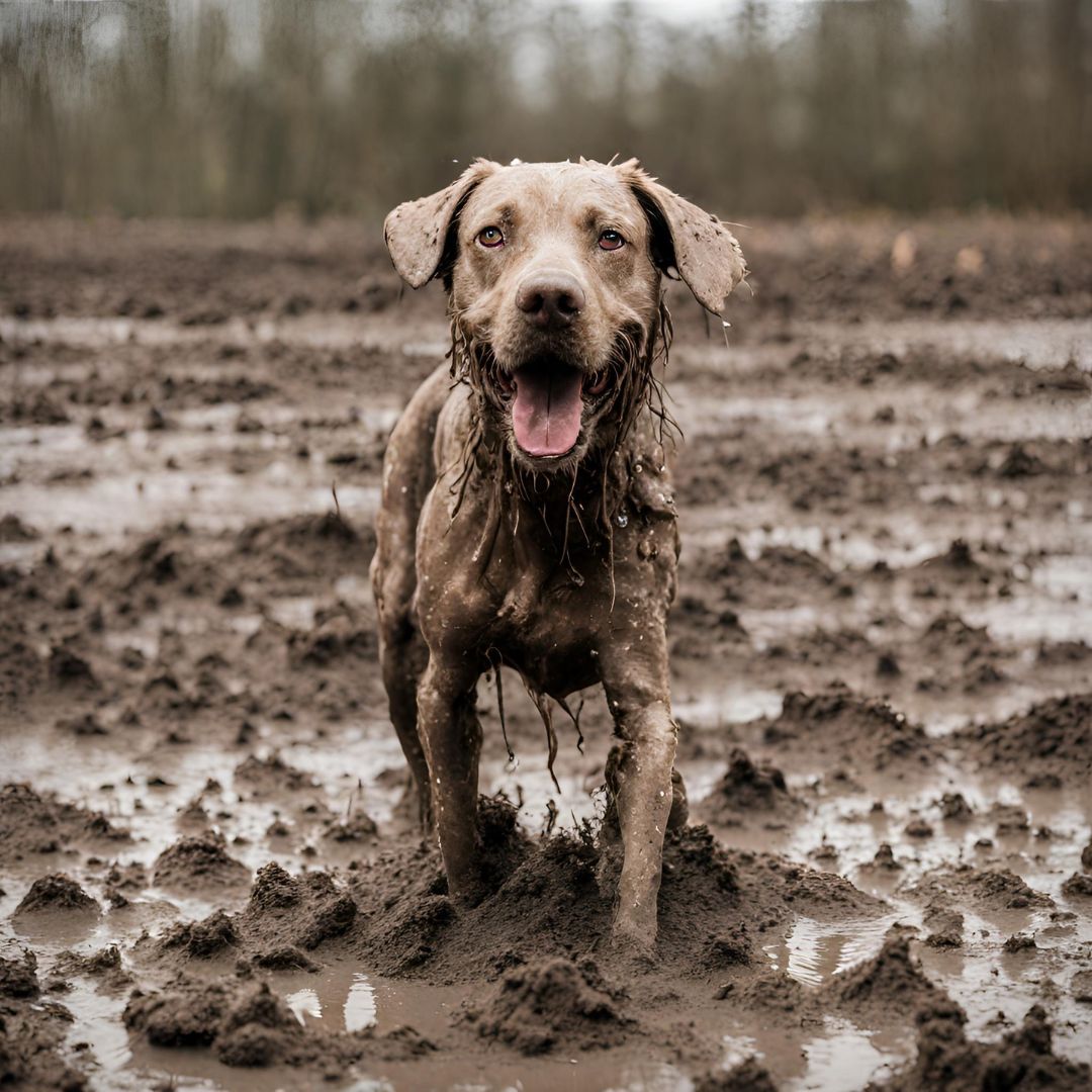 dog in mude, dog in poop, dog rolled in dog poop