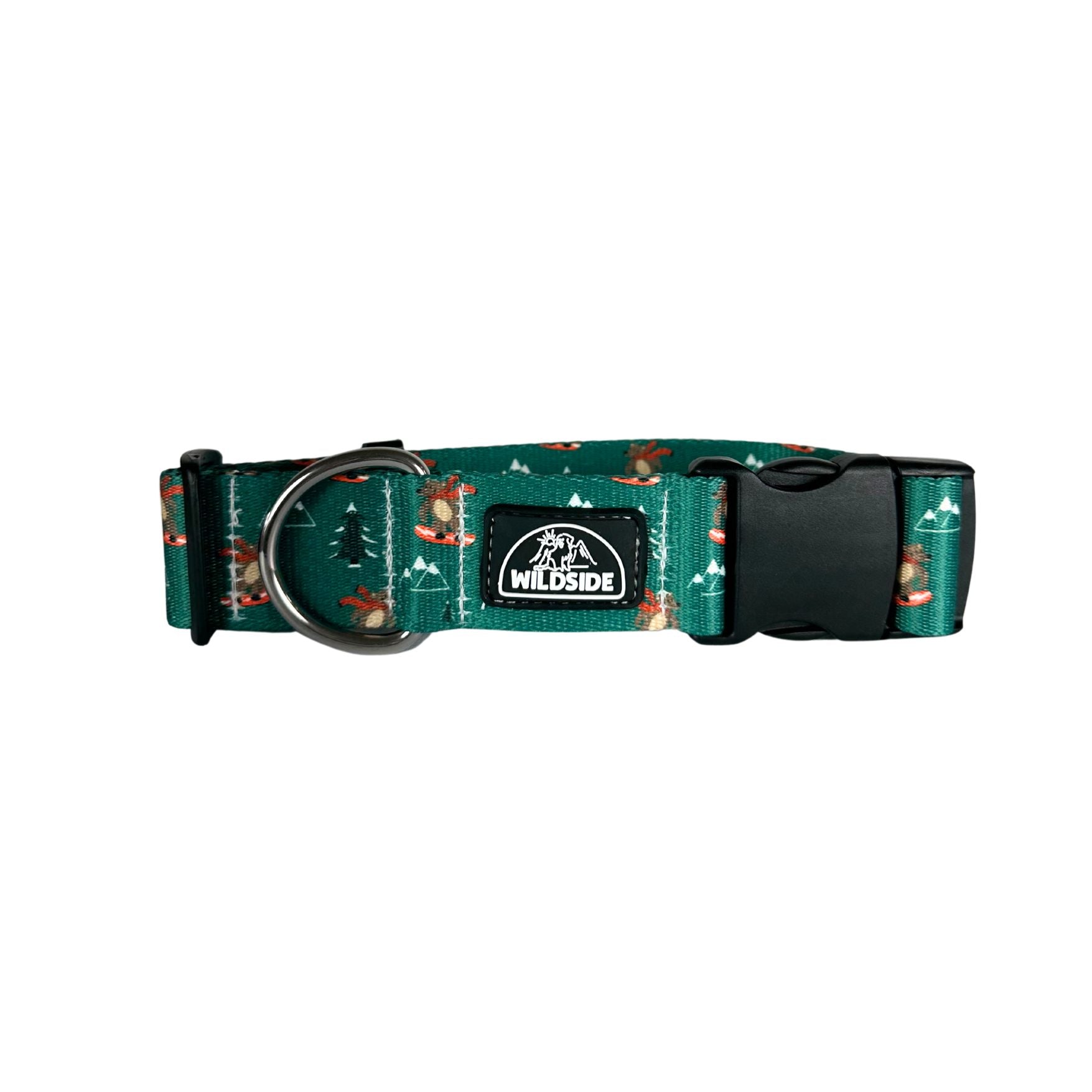 Alpine Snowboarding bear water resistant dog collar, front side of green dog collar, pine trees and bears on dog collar