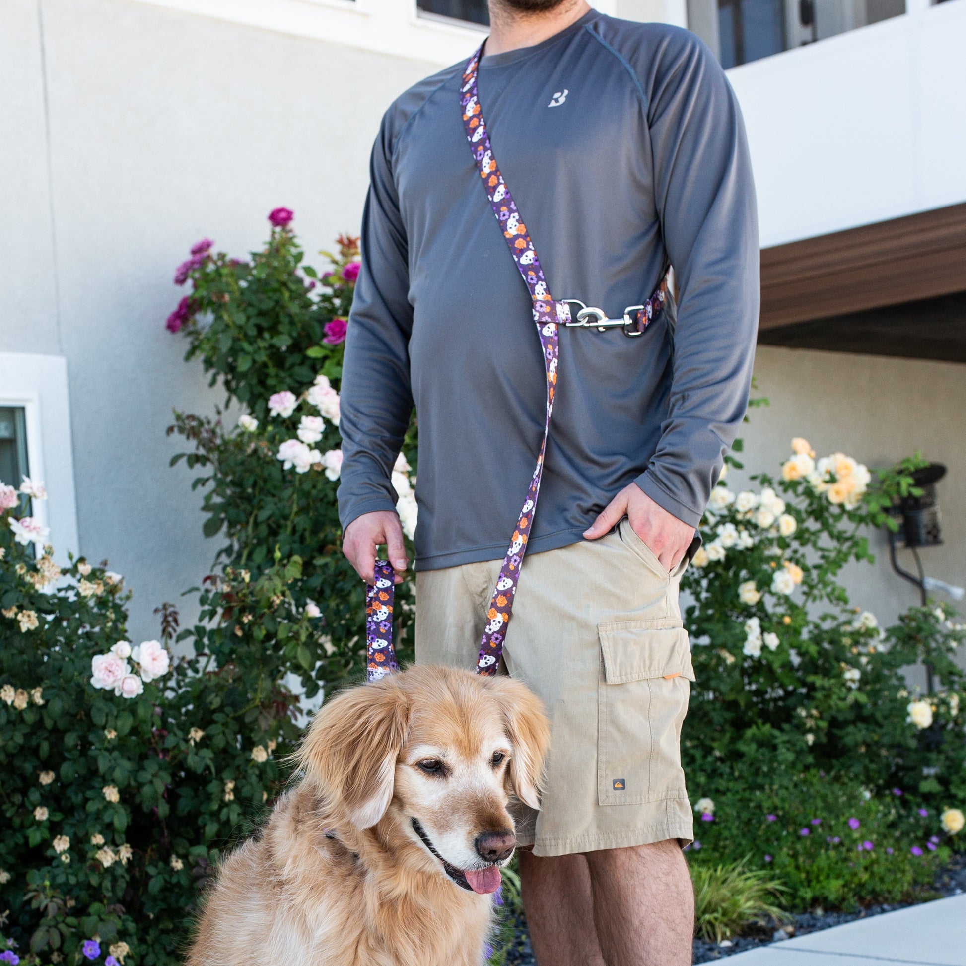 A person standing outdoors with a golden retriever dog on a multicolored hands-free leash with a traffic handle.