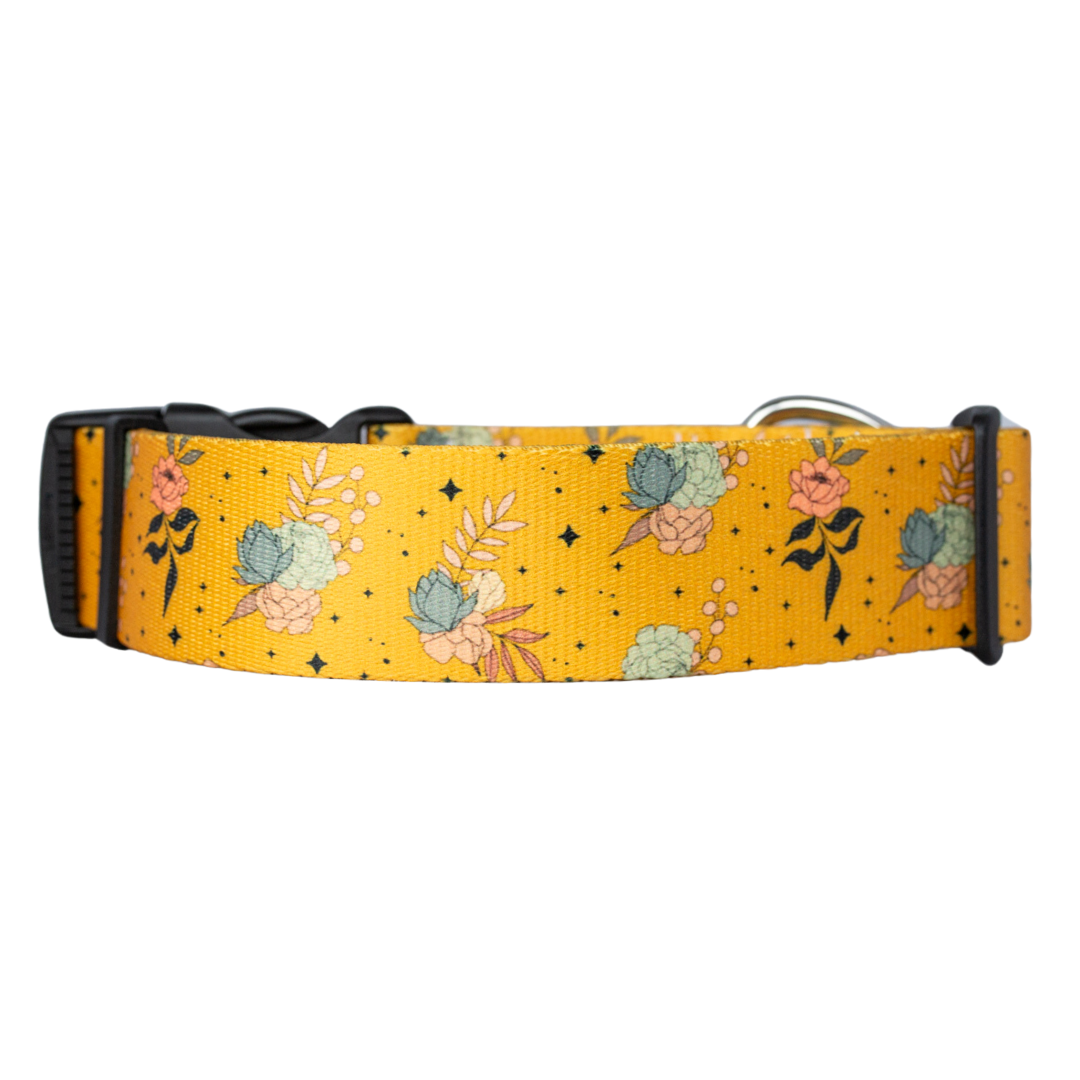 Adjustable marigold dog collar with blush and sage flower design
