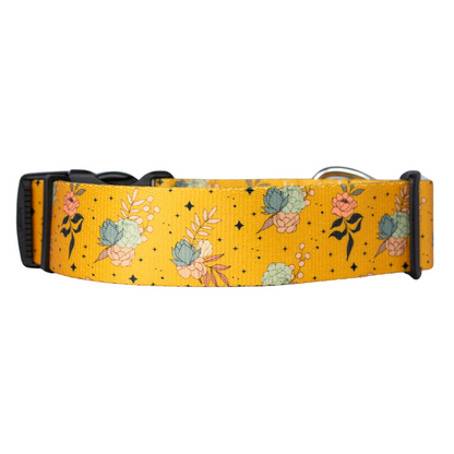 Adjustable marigold dog collar with blush and sage flower design
