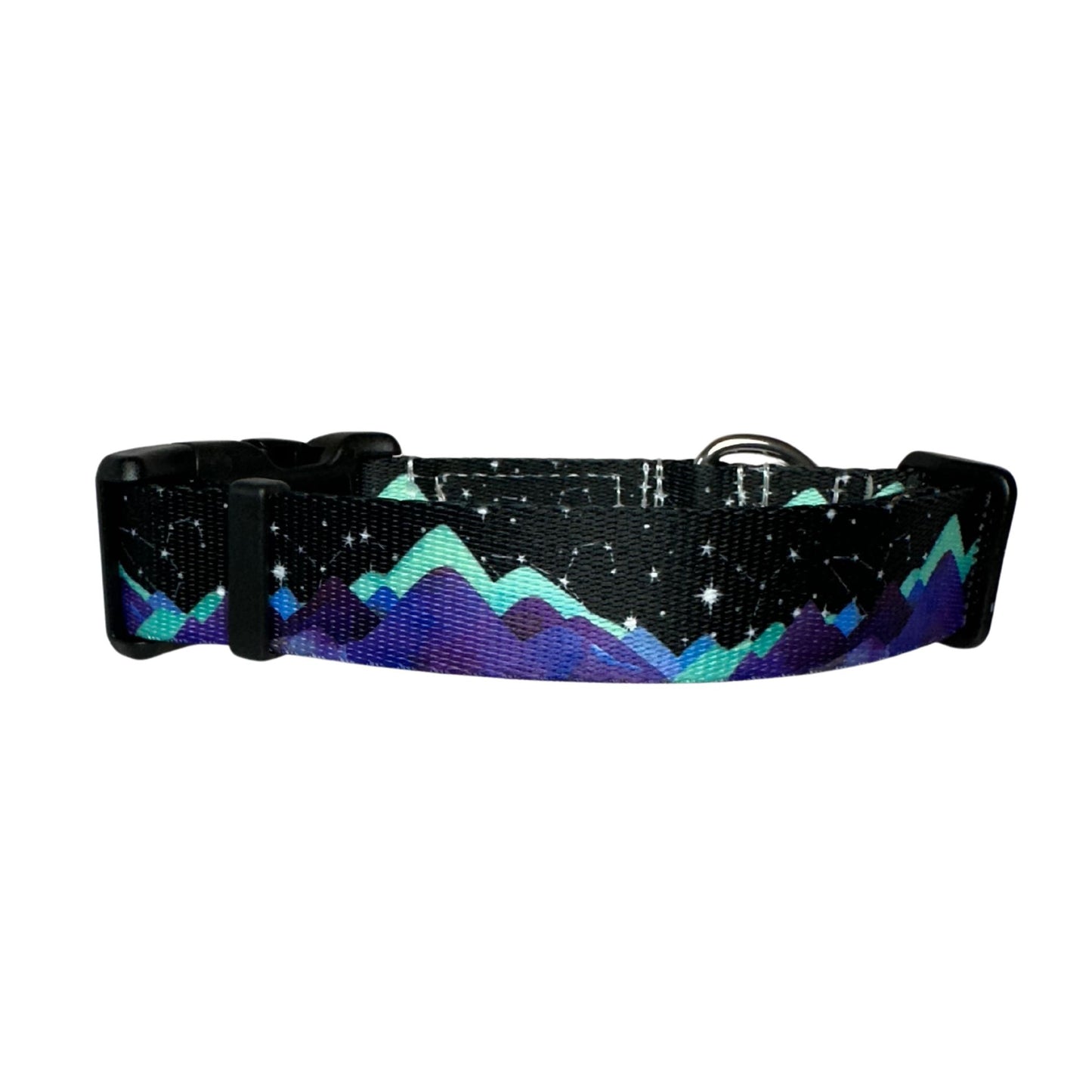 wildside dog gear wide dog collar with purple teal blue black and stars gazed from the aurora front of collar