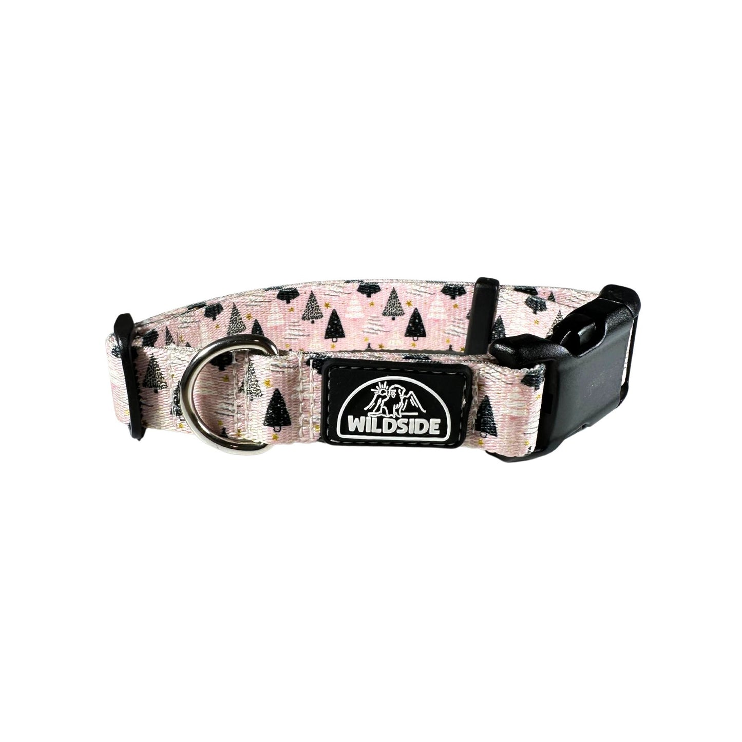 Wildside Dog Gear Pink Christmas dog collar front pink and black christmas tree A pink dog collar with a black buckle.