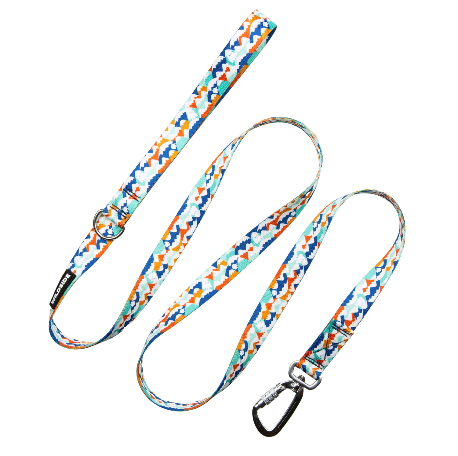 Colorful patterned lanyard with a metal clip on a white background