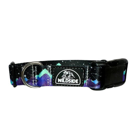 wildside dog gear wide dog collar with purple teal blue black and stars gazed from the aurora front of collar