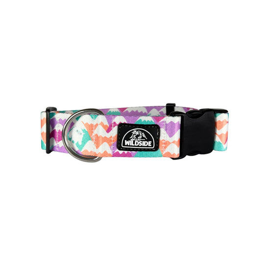 Wildside Dog Gear Yeti in the alps dog collar pink purple teal mountains dog collars for big dogs front