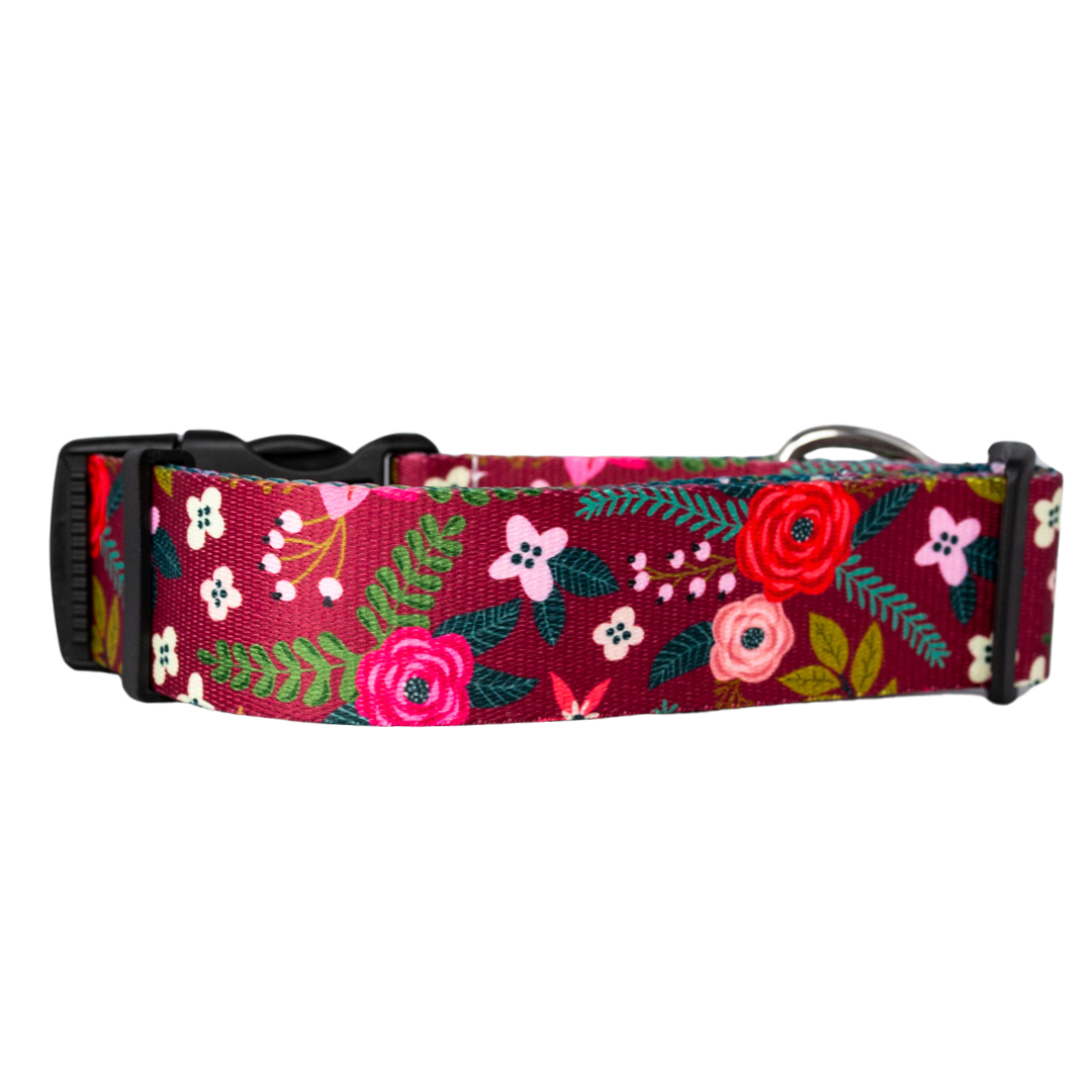 Fall floral dog collar with rust-proof stainless steel hardware