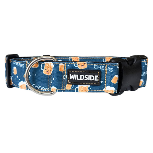 beer dog collar, kawaii dog collar, blue and yellow dog collar, dog collar happy hour, wide dog collar, dog collar for large dogs

