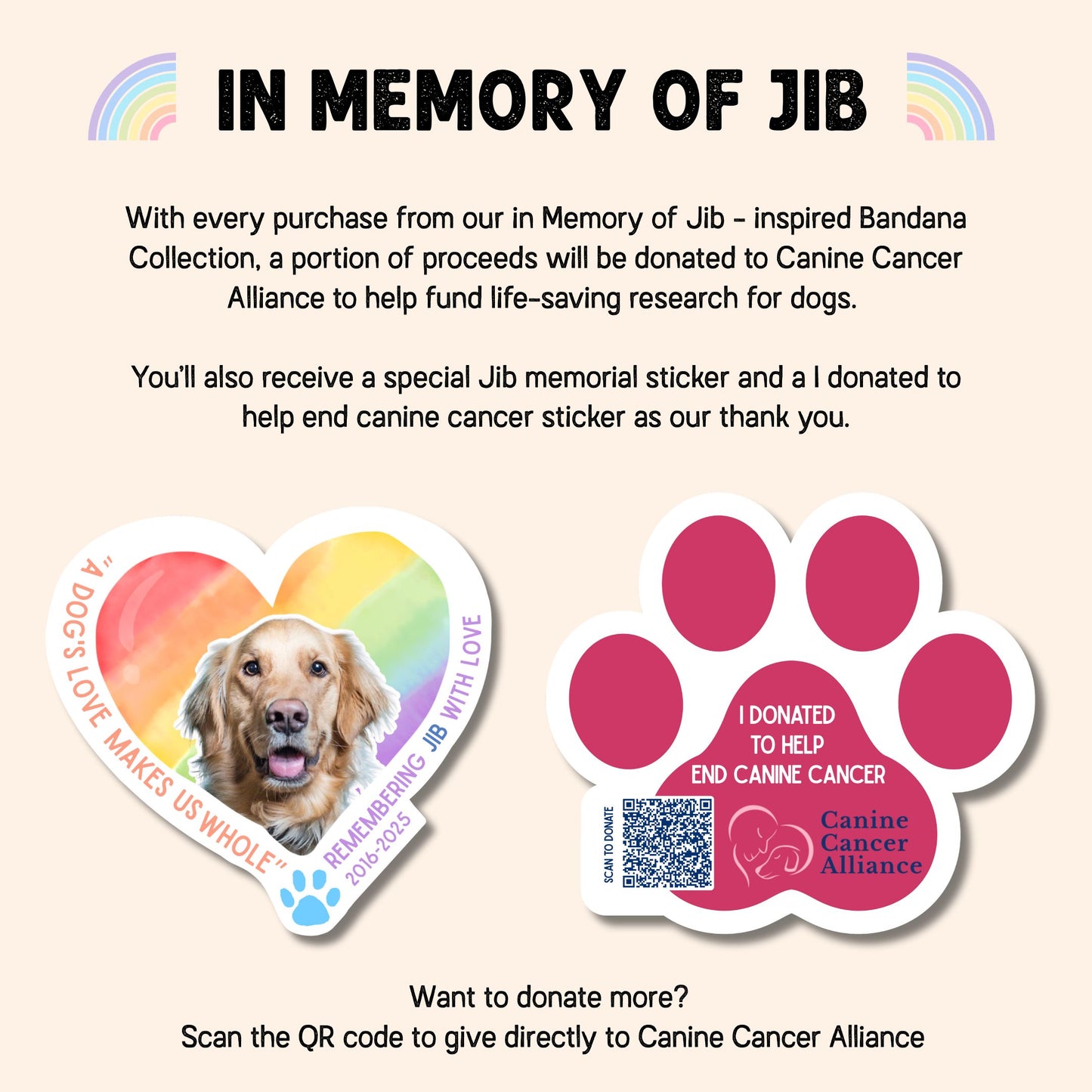 Promotional graphic for 'In Memory of Jib' bandana collection with heart-shaped sticker and paw print sticker, featuring Canine Cancer Alliance.