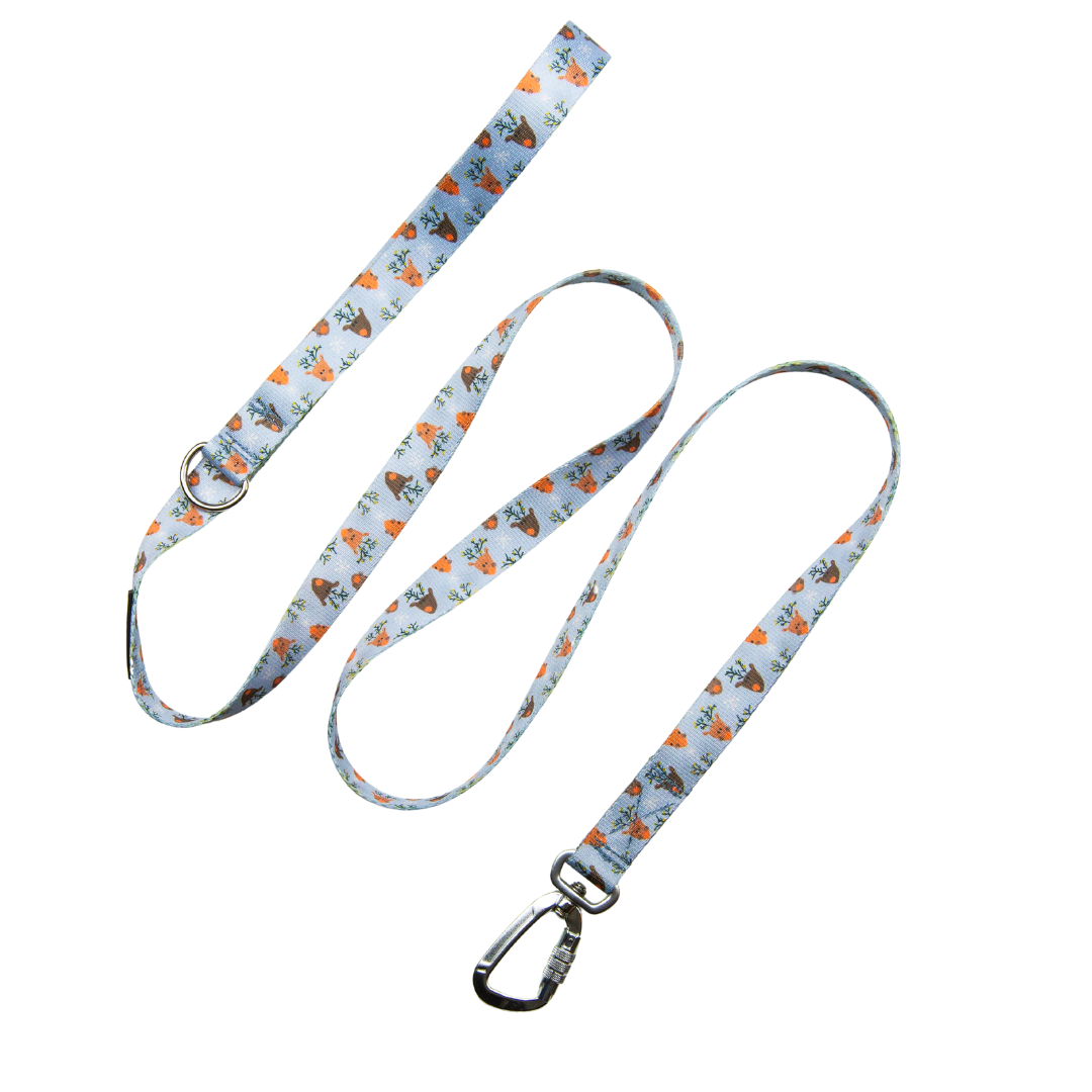 A blue pet leash with a reindeer pattern and a metal handle.