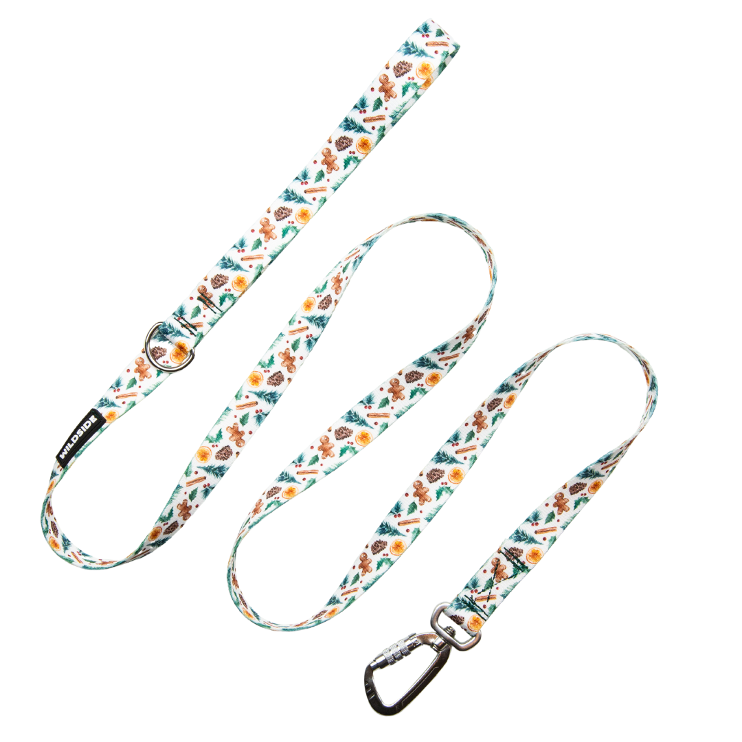 A dog leash with a festive holiday spice pattern, featuring elements such as gingerbread cookies, orange slices, and pine needles.
