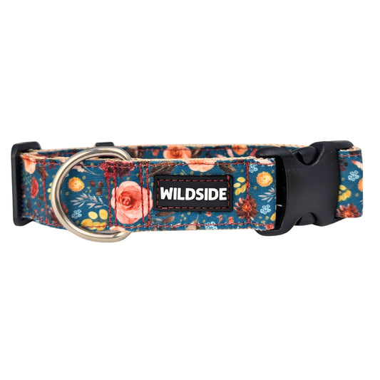 Floral-patterned dog collar with 'Wildside' branding on a white background