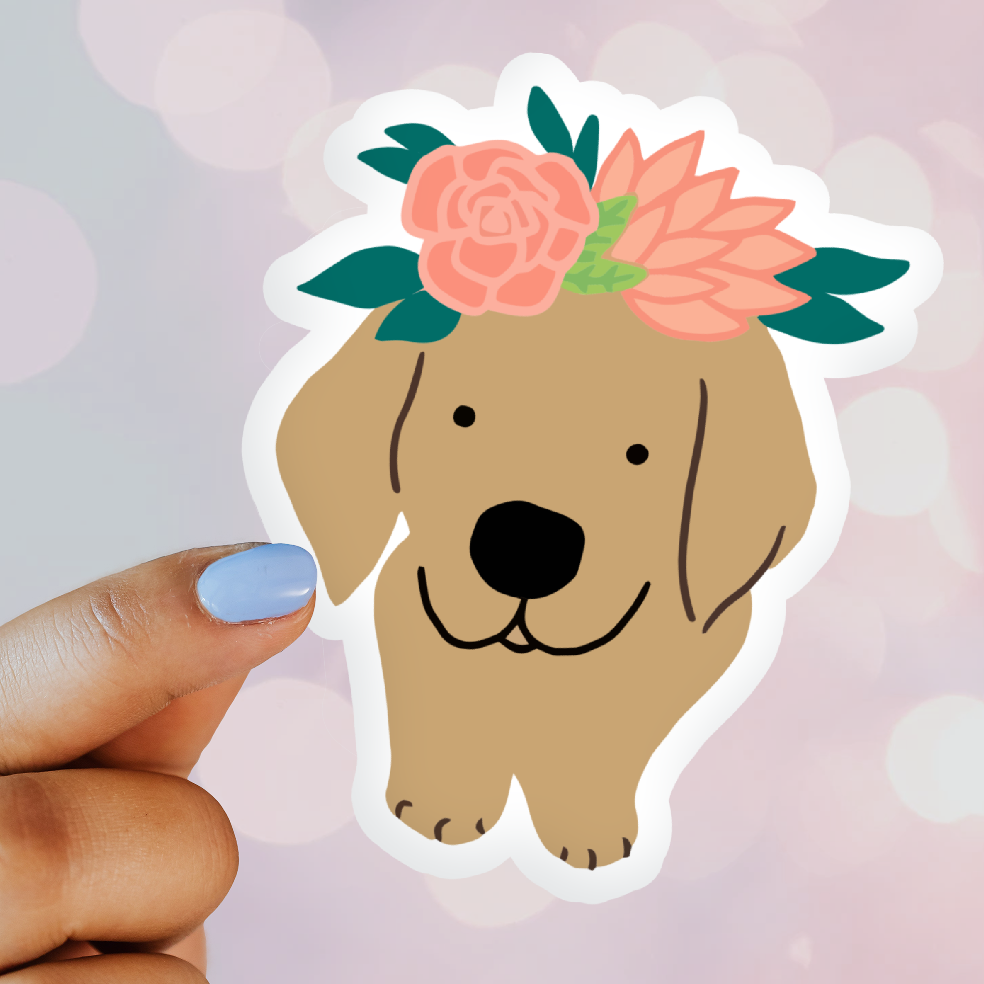 golden retriever dog sticker in floral crown 