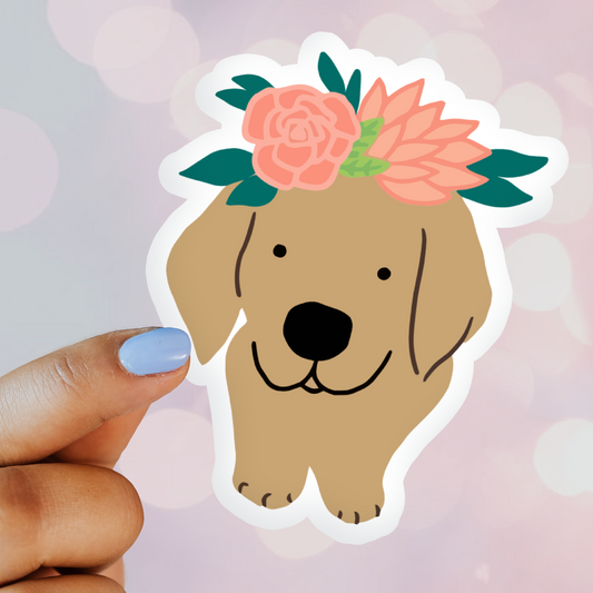 golden retriever dog sticker in floral crown 
