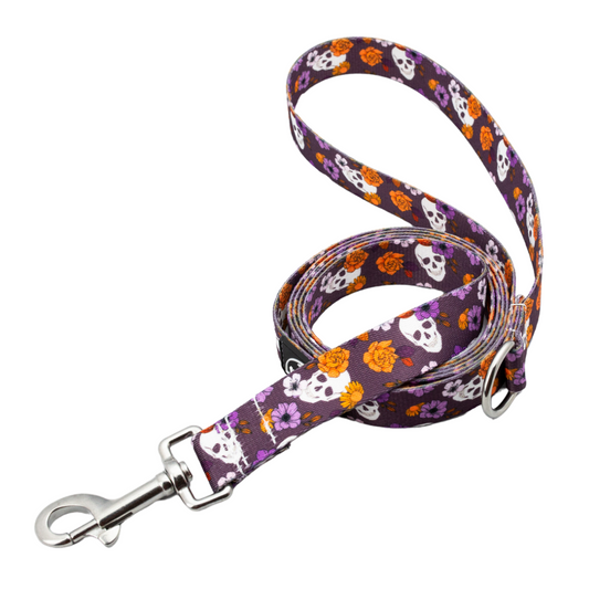 A dog leash with a colorful floral pattern consisting of purple, orange, and pumpkin designs, featuring a metal clasp.
