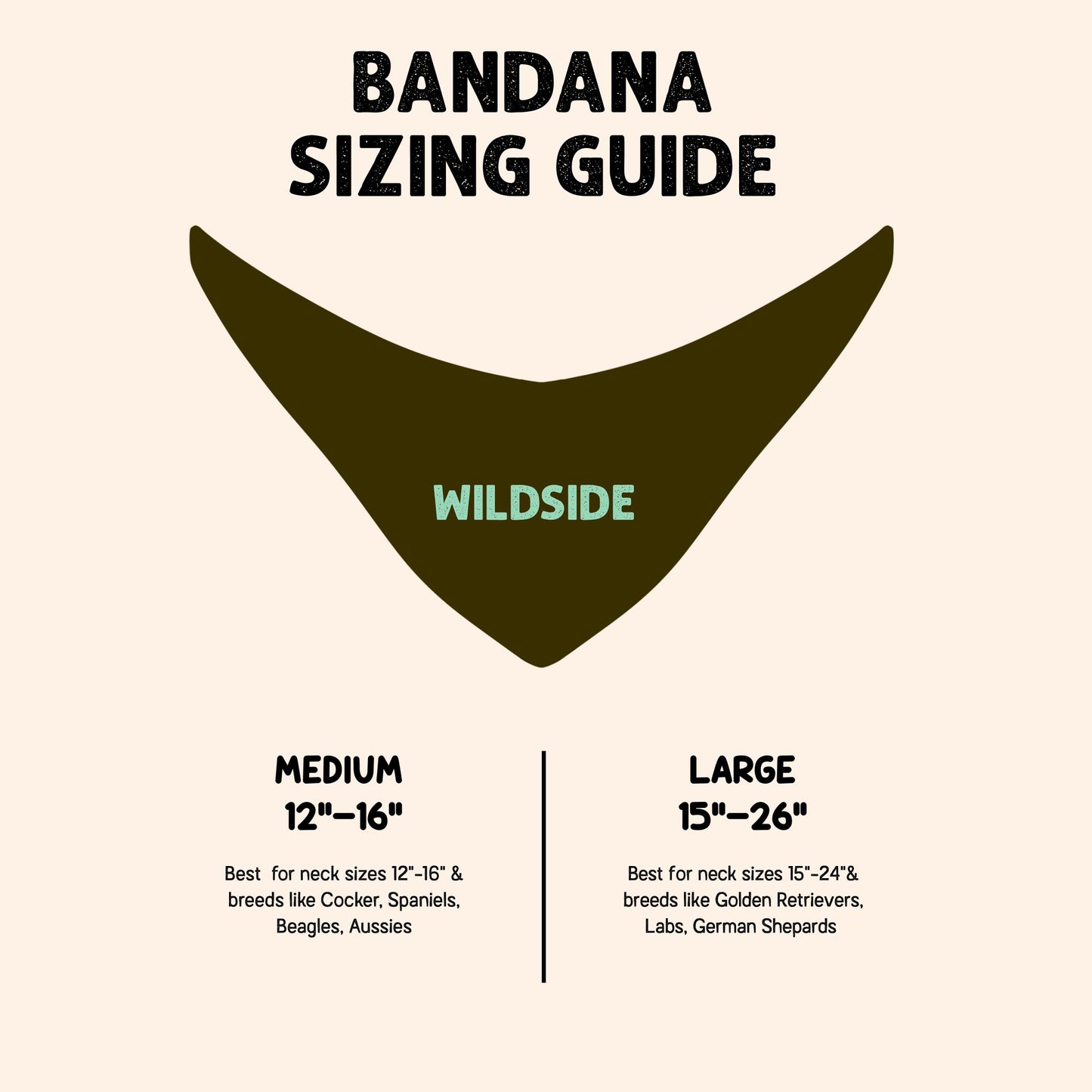 Bandana sizing guide with Wildside brand on a beige background
