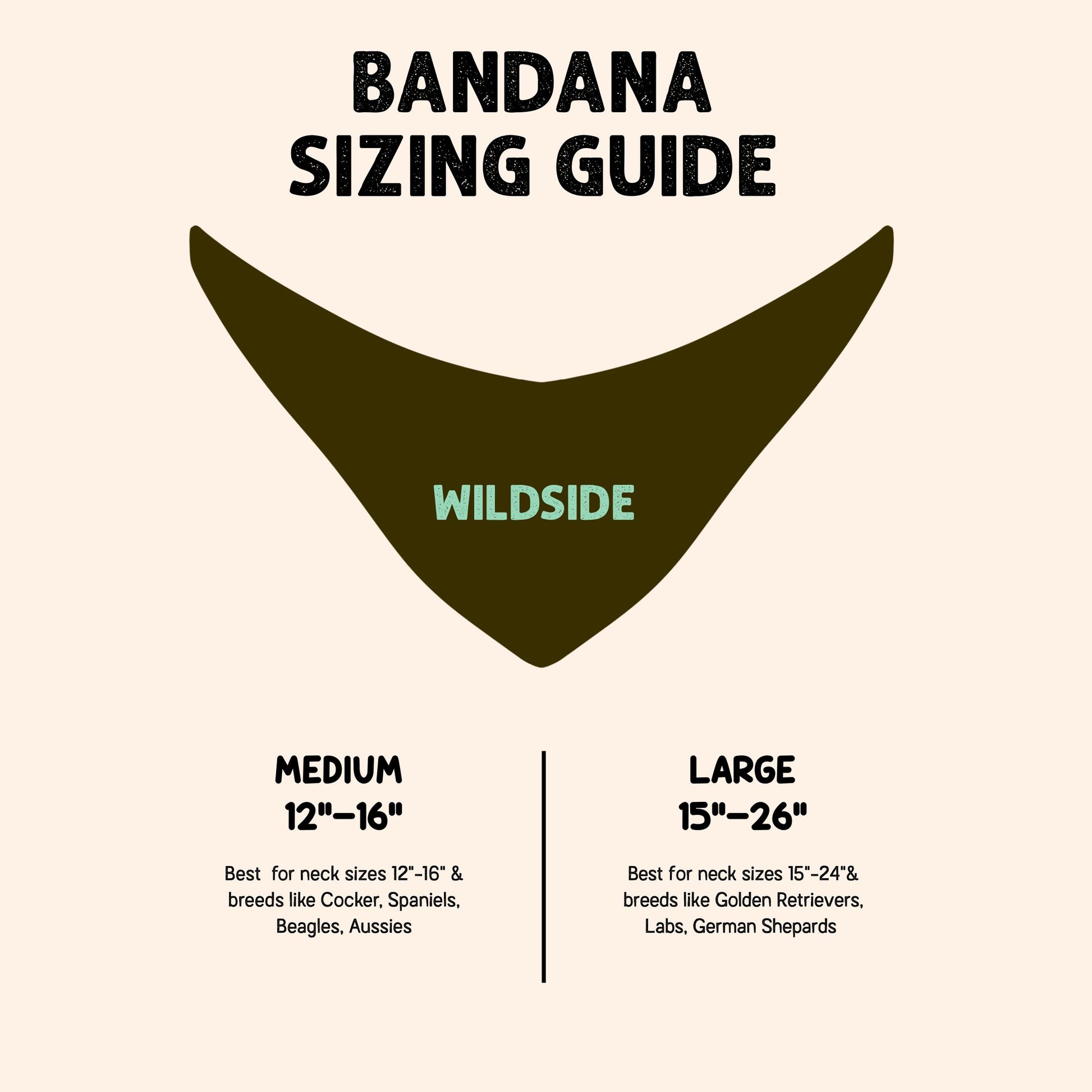 Bandana sizing guide with Wildside brand on a beige background