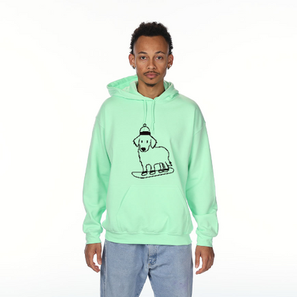 snowboarding dog, golden retriever dad, snow lover, snow town, dog dad gift, christmas gift for dog dads, green hoodie for men, oversized green hoodie, new puppy, puppy training, puppy dog collar