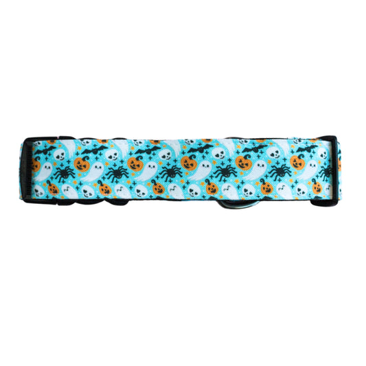 Dog collar with Halloween-themed pattern on a white background