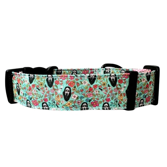 Dog collar with floral and ghost pattern on a white background