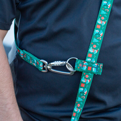 Person wearing a black shirt with a green patterned dog leash over their shoulder.