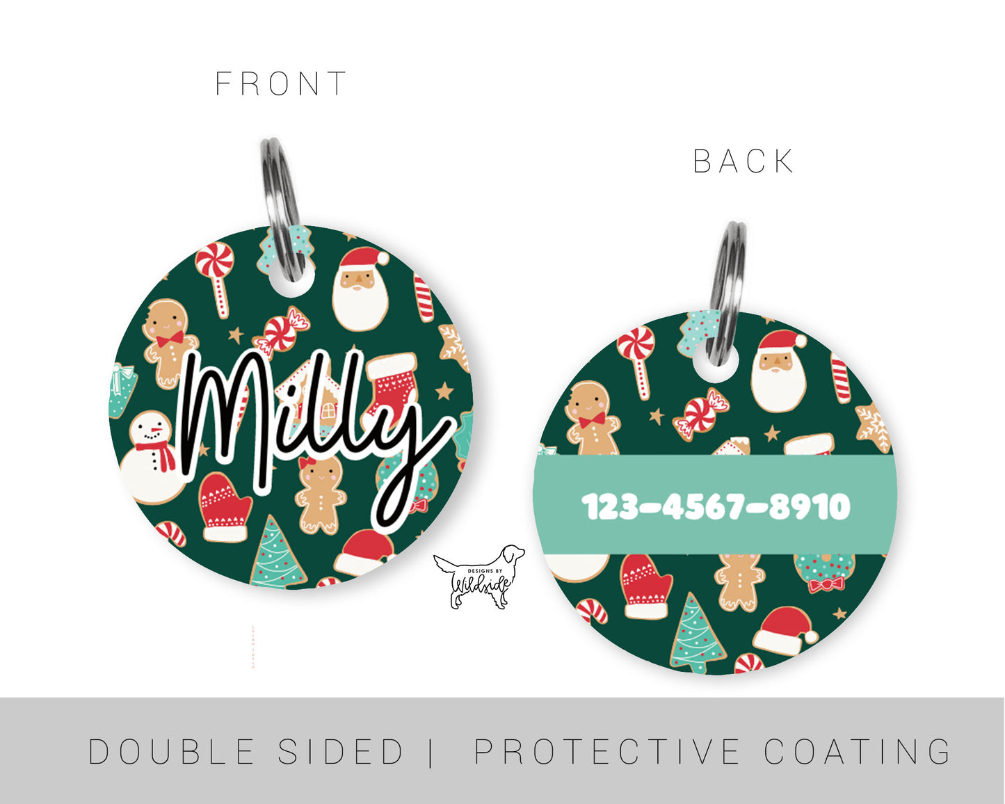 custom dog id tag with christmas cookie background, christmas dog tag, christmas collar and tag. 