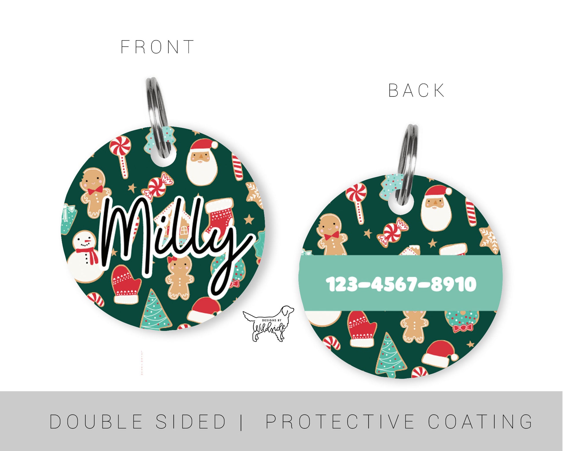 custom dog id tag with christmas cookie background, christmas dog tag, christmas collar and tag. 