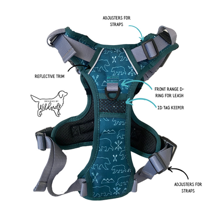 Teal bear and mountain dog harness with handle, adjustable straps, reflective trim